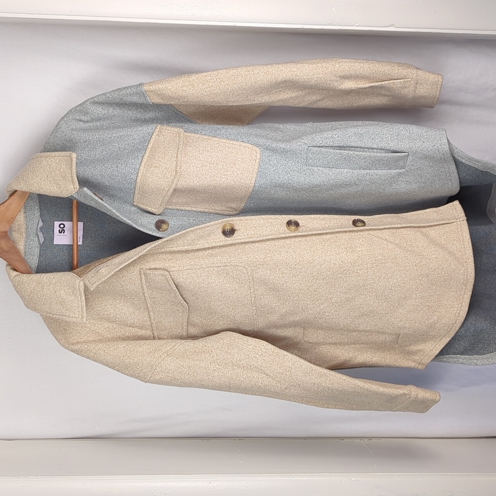 SO Women's Large Tan Gray Oversized Shirt Jacket Shacket